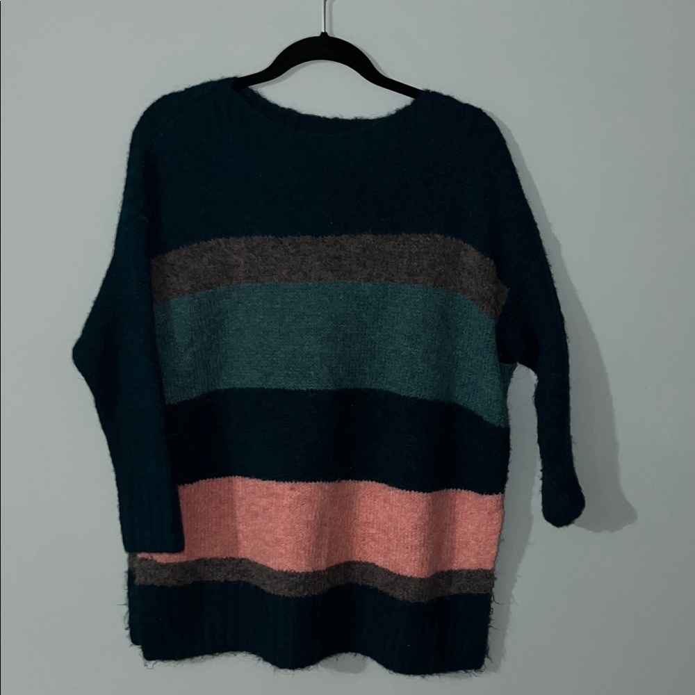 Lou & Grey Cozy Striped Sweater - Dark Green, Gray, Pink